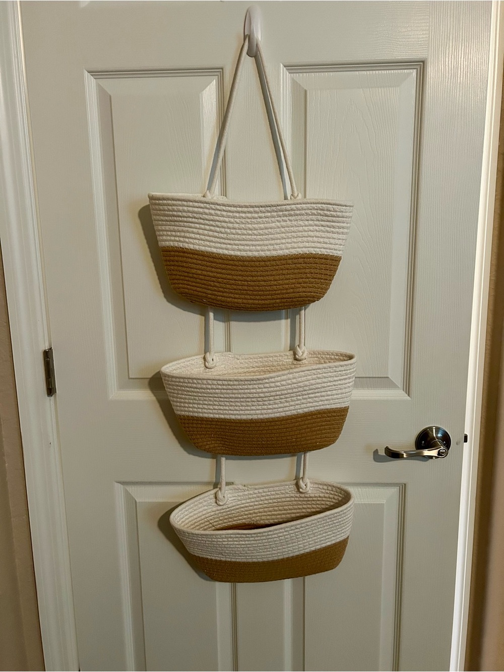 NWOT Three-Tier Hanging Storage Baskets - White and Tan Boho-Style